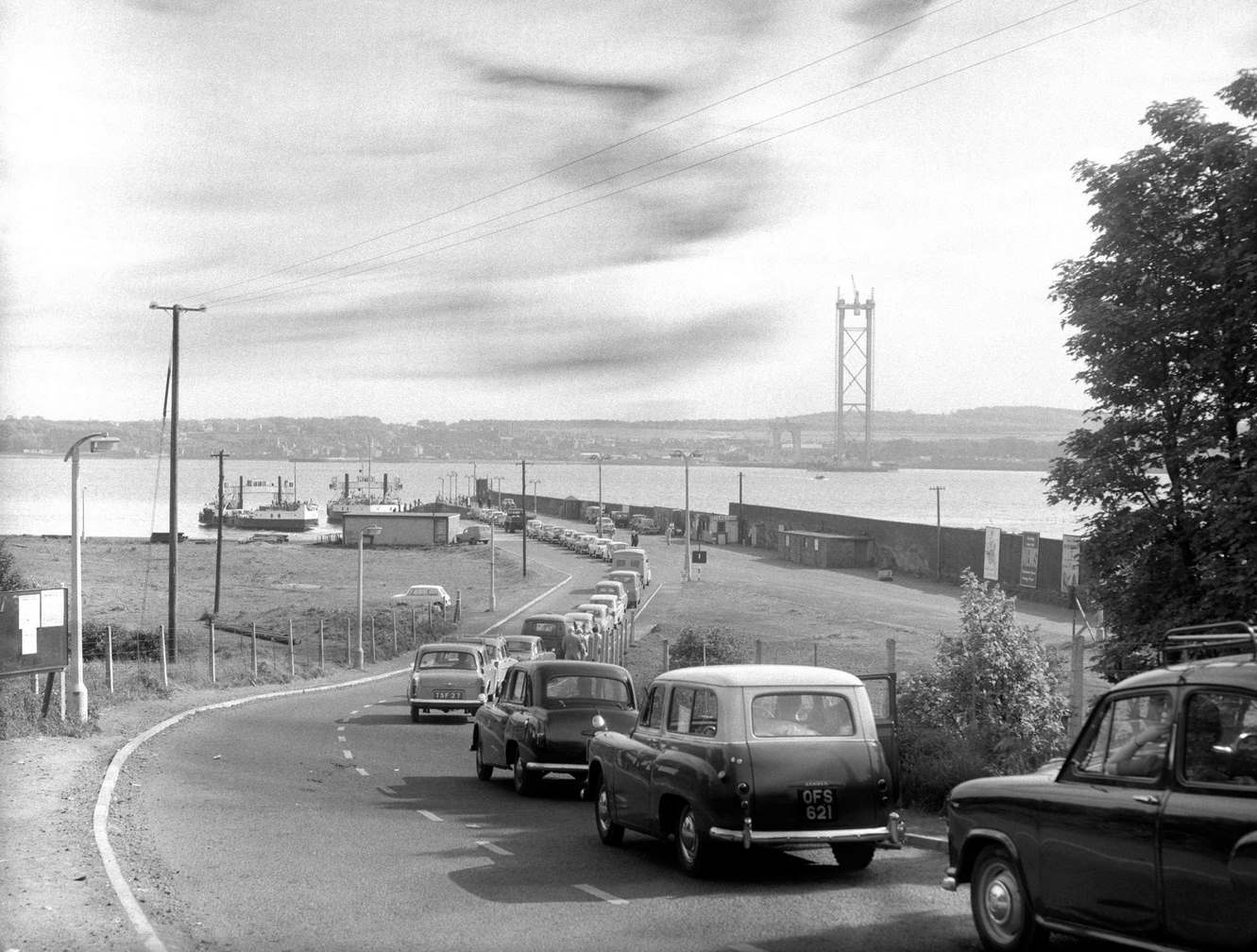 Firth of Forth in Scotland showing the Forth Road Bridge being built, 1960s