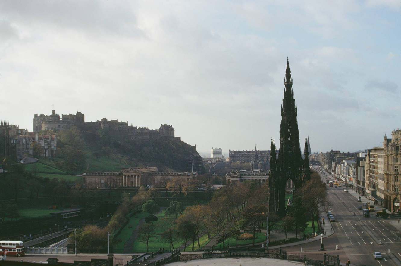 A view of the Scott Monument and Princes Street in Edinburgh, Scotland, 1960