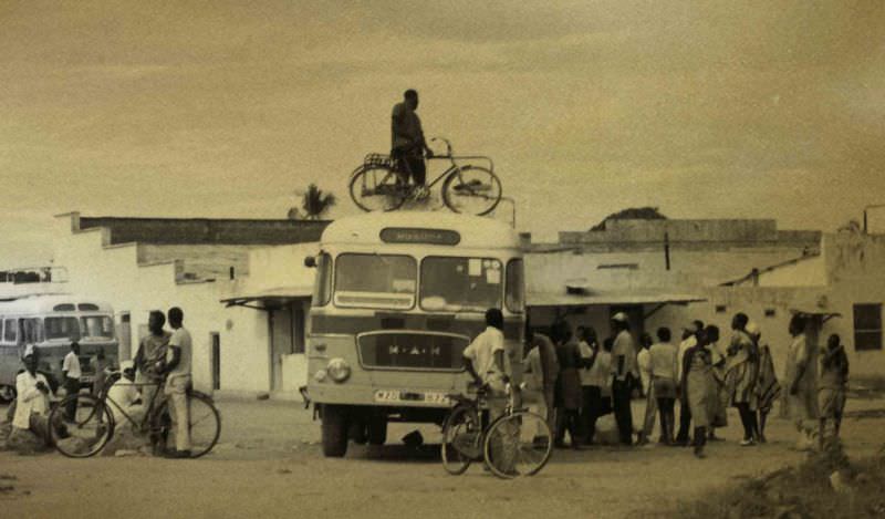A busy scene in the Tanzanian town of Mwanza as the bus to Musoma is loaded prior to departure, 1969