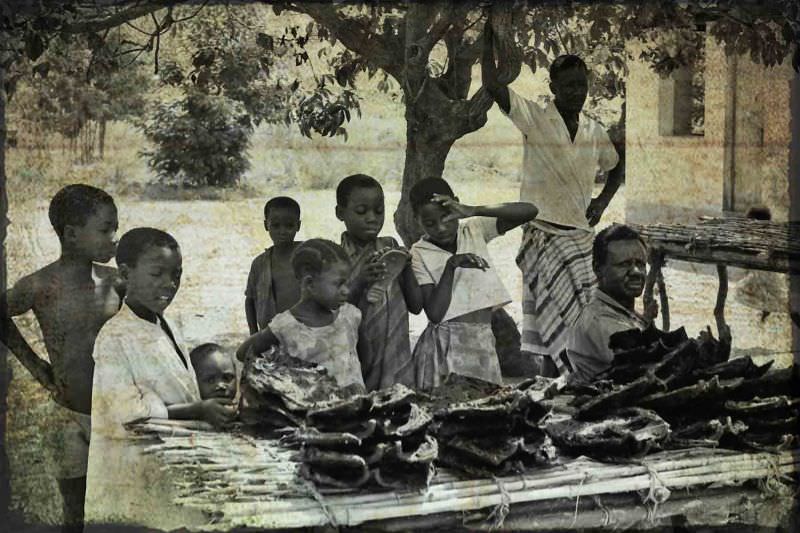 Dried fish laid out on a table made from reeds in the Mwanza region of Tanzania, 1969