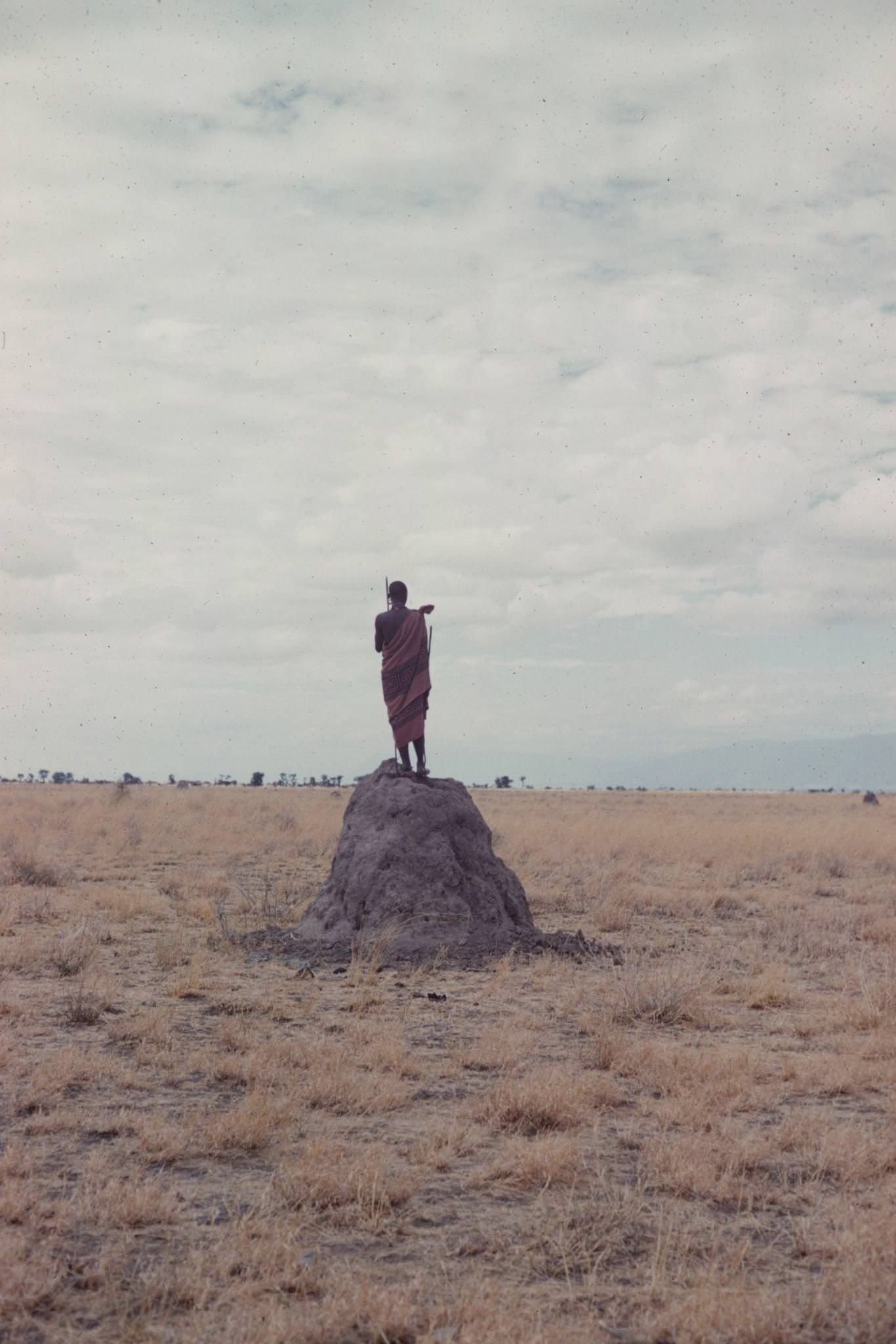 A man as he stands on an ant or termite hill and looks across a field, Tanzania, 1962.