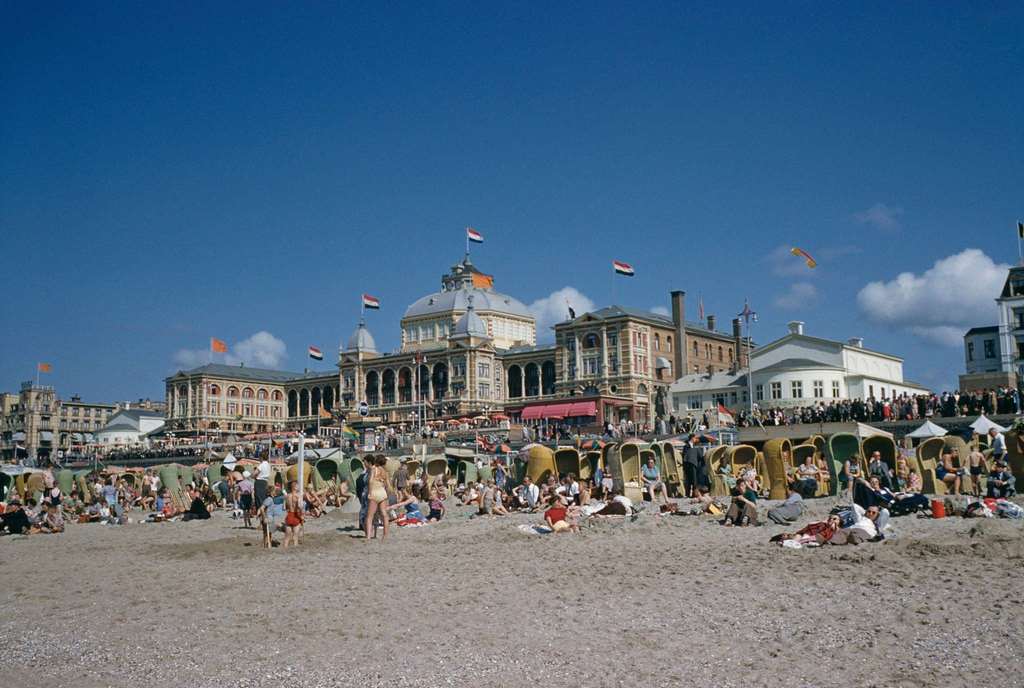 The seaside resort of Scheveningen in The Hague, Netherlands, with the Kurhaus hotel behind, 1965.