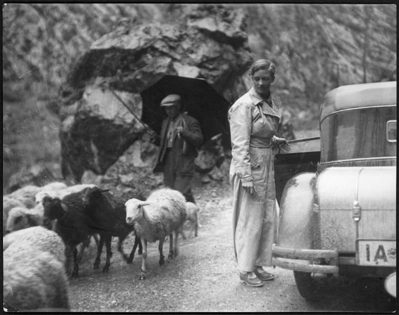 Annemarie Schwarzenbach with her car and a shepherd in the Pyrenees, 1933