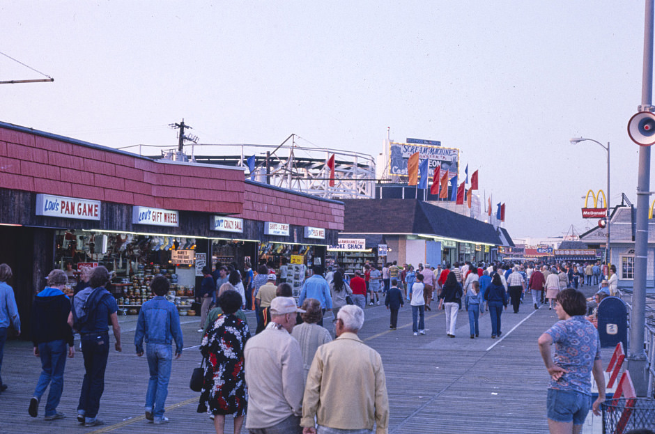 Boardwalk at dusk, Wildwood, New Jersey, 1978