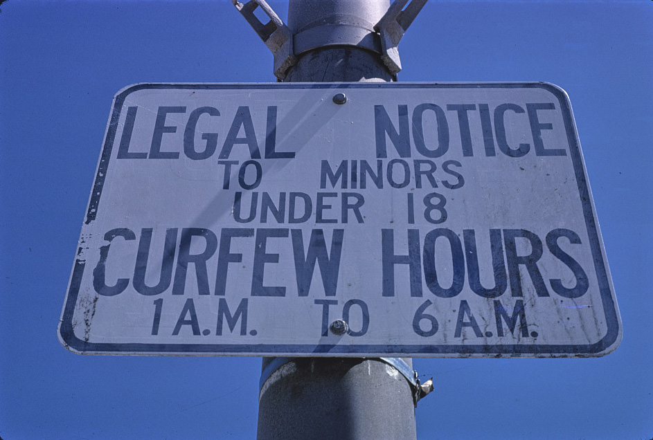 Curfew hours sign, Wildwood, New Jersey, 1978