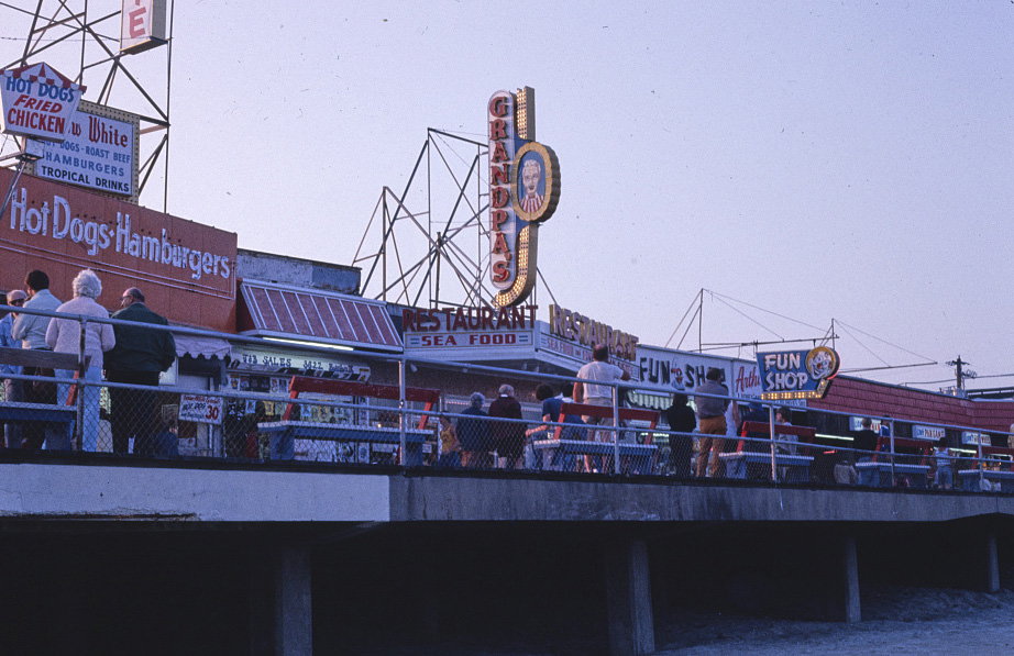 Boardwalk at dusk, Wildwood, New Jersey, 1978