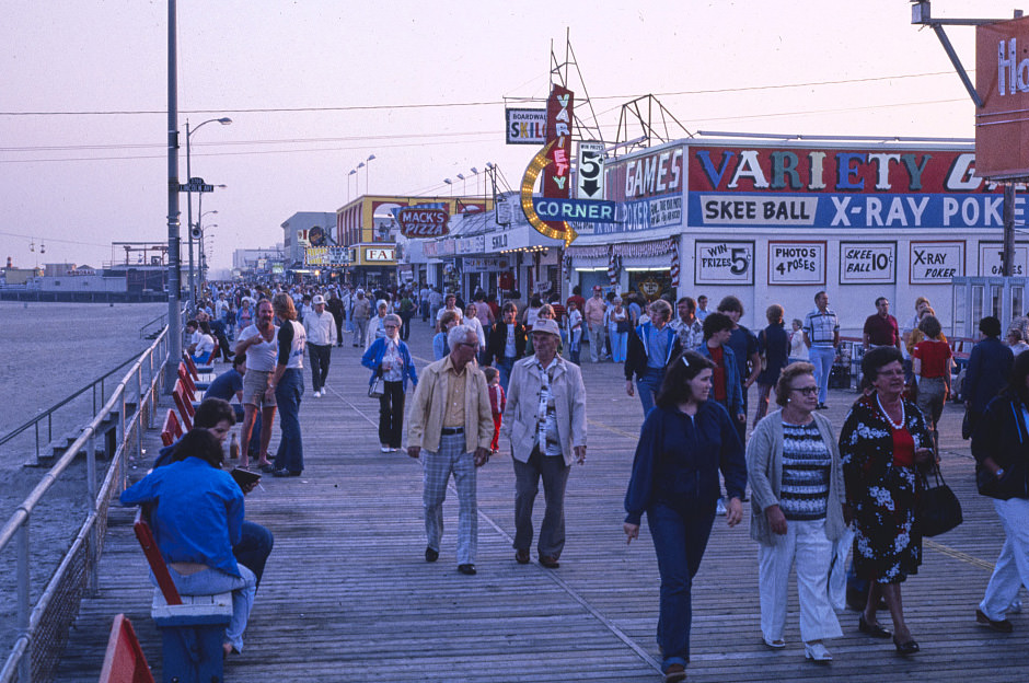 Boardwalk at dusk, Wildwood, New Jersey, 1978