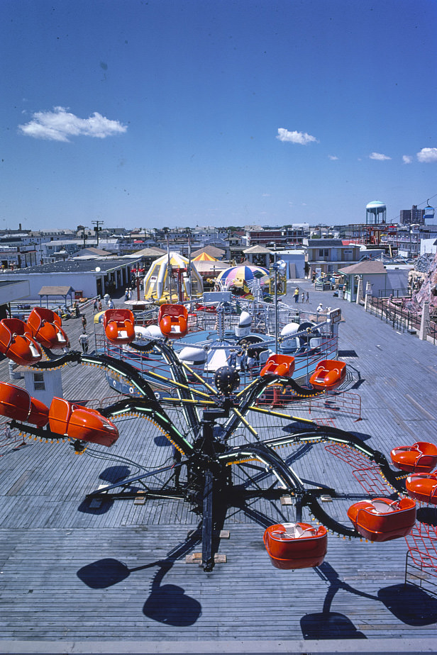 Rides above Fun Pier, Wildwood, New Jersey, 1978