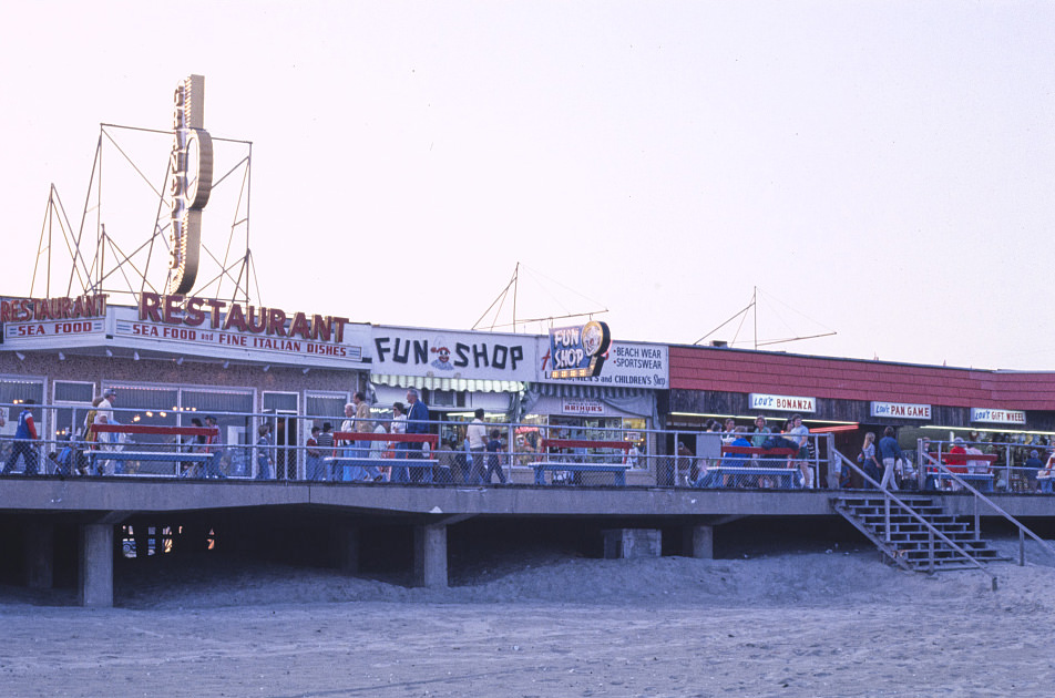 Boardwalk at dusk, Wildwood, New Jersey, 1978