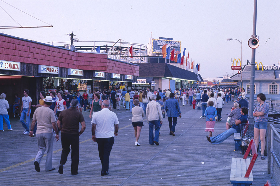 Boardwalk at dusk, Wildwood, New Jersey, 1978