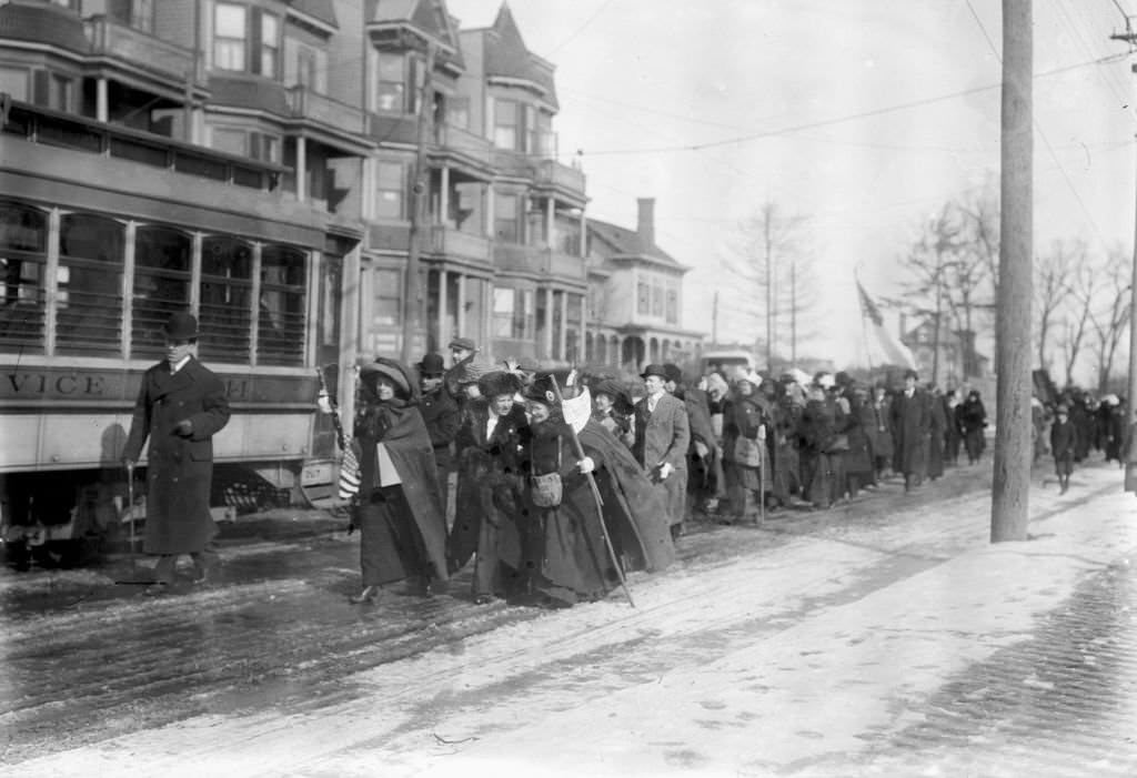 American suffragist Rosalie Jones leads a march, Newark, New Jersey, 1913.