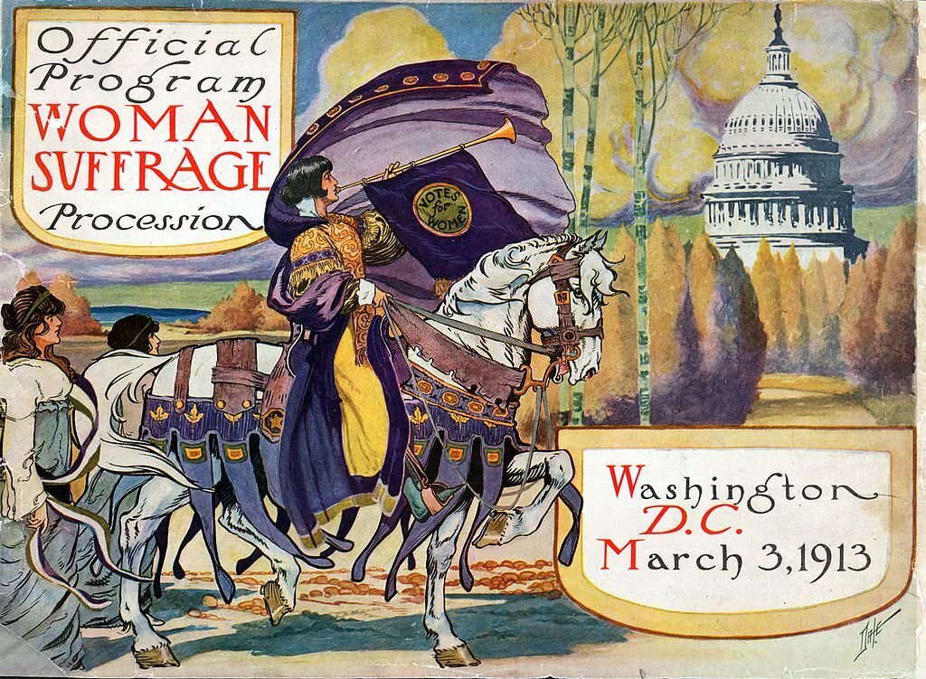 Cover of program for the National American Women's Suffrage Association procession, showing woman n elaborate attire, with cape, blowing long horn, from which is draped a "votes for women" banner.