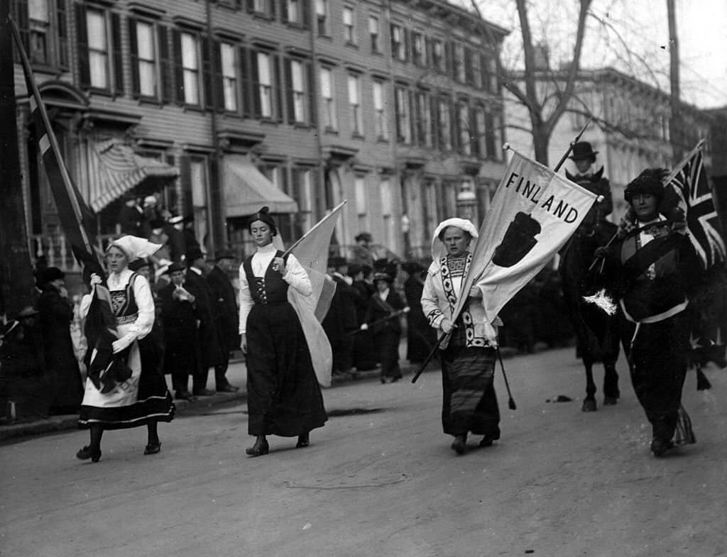 Finnish, Swedish and British women marching on a Suffragette parade, 1913