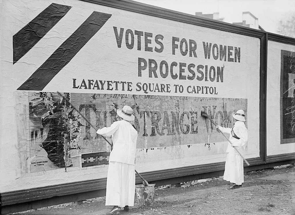 Two Women Putting Up Poster for Women's Suffrage Parade, Washington DC, 1913