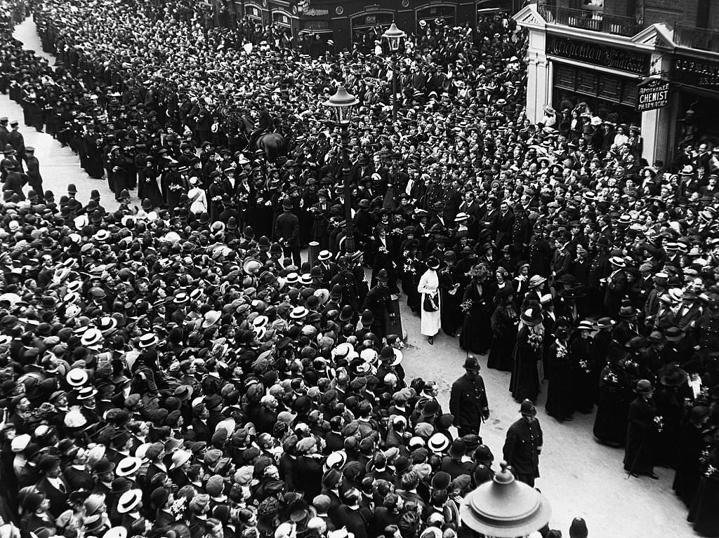 A scene from the funeral procession of Emily Davison the militant suffragette.