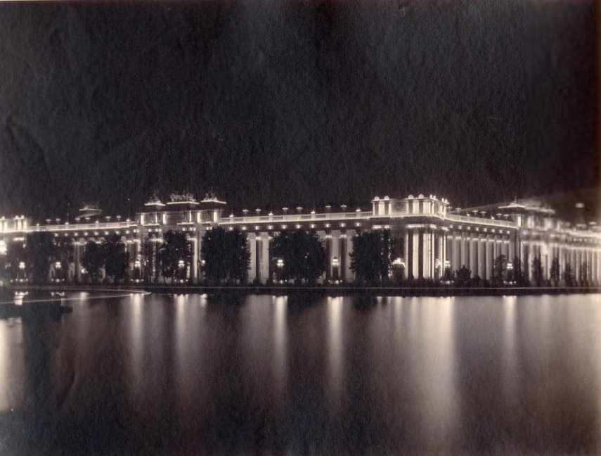 The Palaces of Education and Social Economy at the 1904 World's Fair. This image is of the buildings at night viewed from across the Grand Basin.