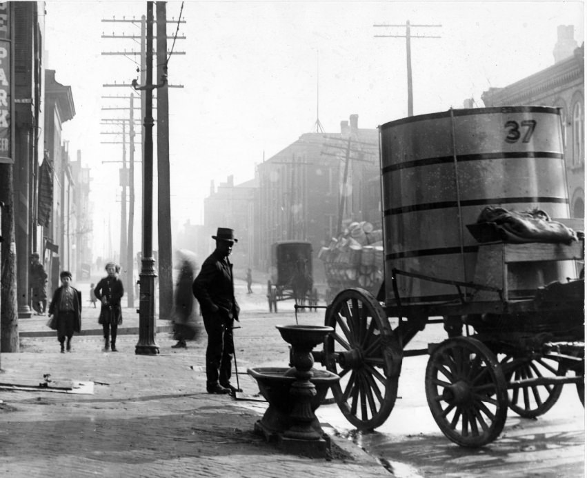 Water wagon on major St. Louis street near the intersection with Carr Street, 1903