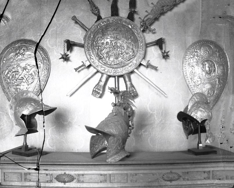 An armor helmet and shield display, 1908