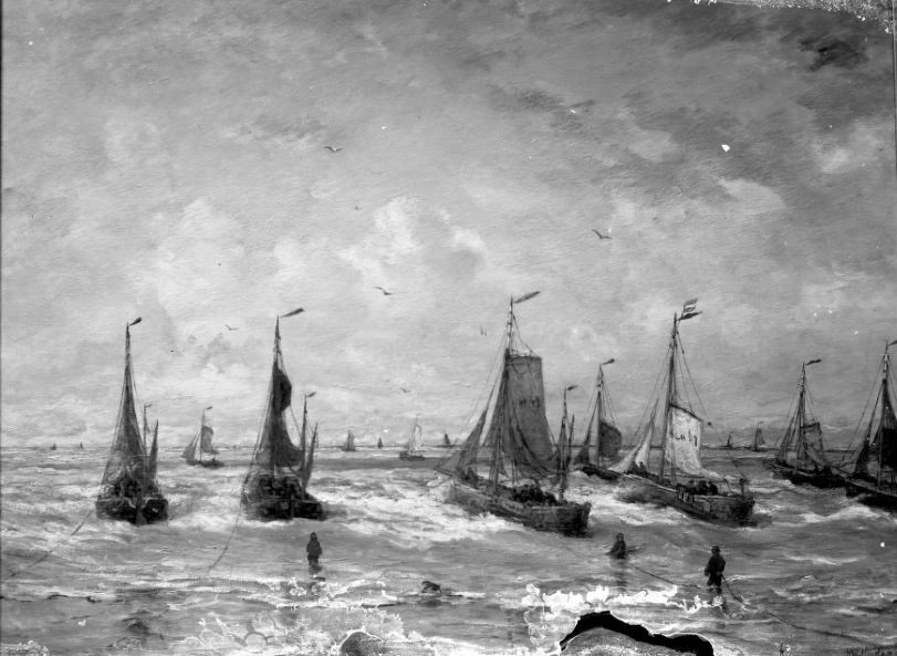 A painting of several ships and crews at the edge of the water, 1907