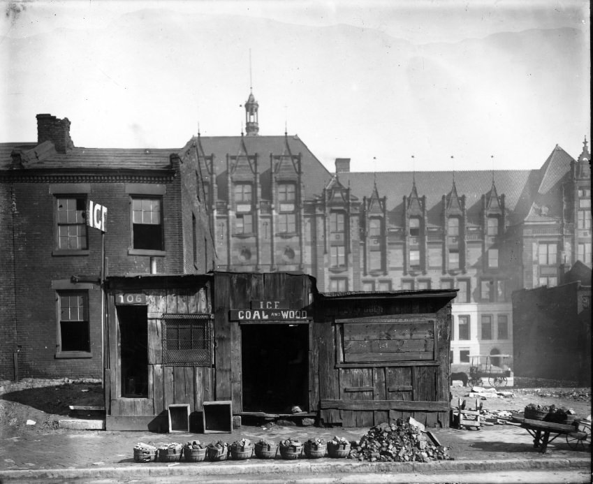 Ice, coal and wood stand in downtown St. Louis. The rear of St. Louis City Hall is visible in the background, 1909