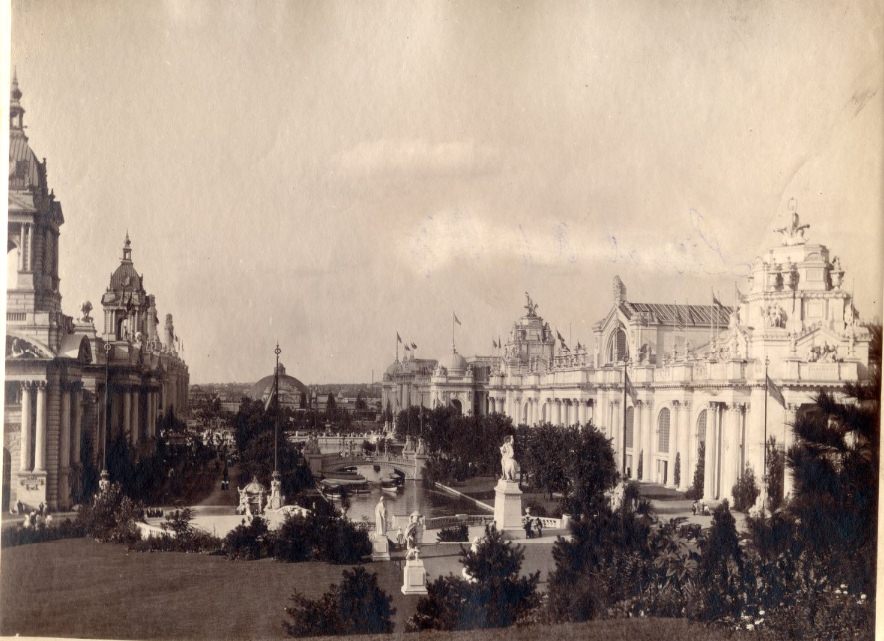 The western edge of Art Hill looking north toward the dome of Creation at the 1904 World's Fair in St. Louis.