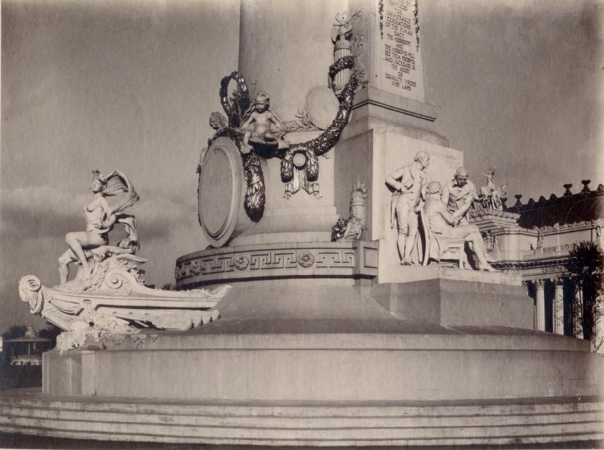 The base of the Louisiana Monument at the 1904 World's Fair in St. Louis. The monument features various statues and motifs.
