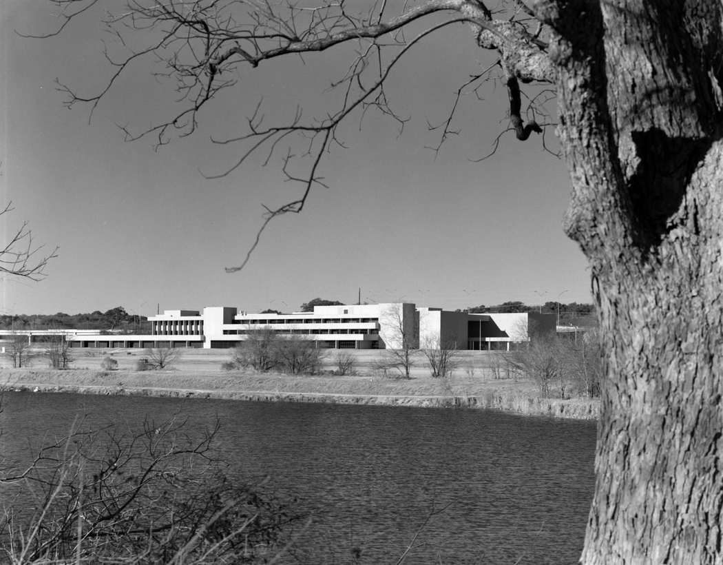 A modern, postwar, multi-story building near a river or lake. A treetrunk takes up the right foreground, 1975