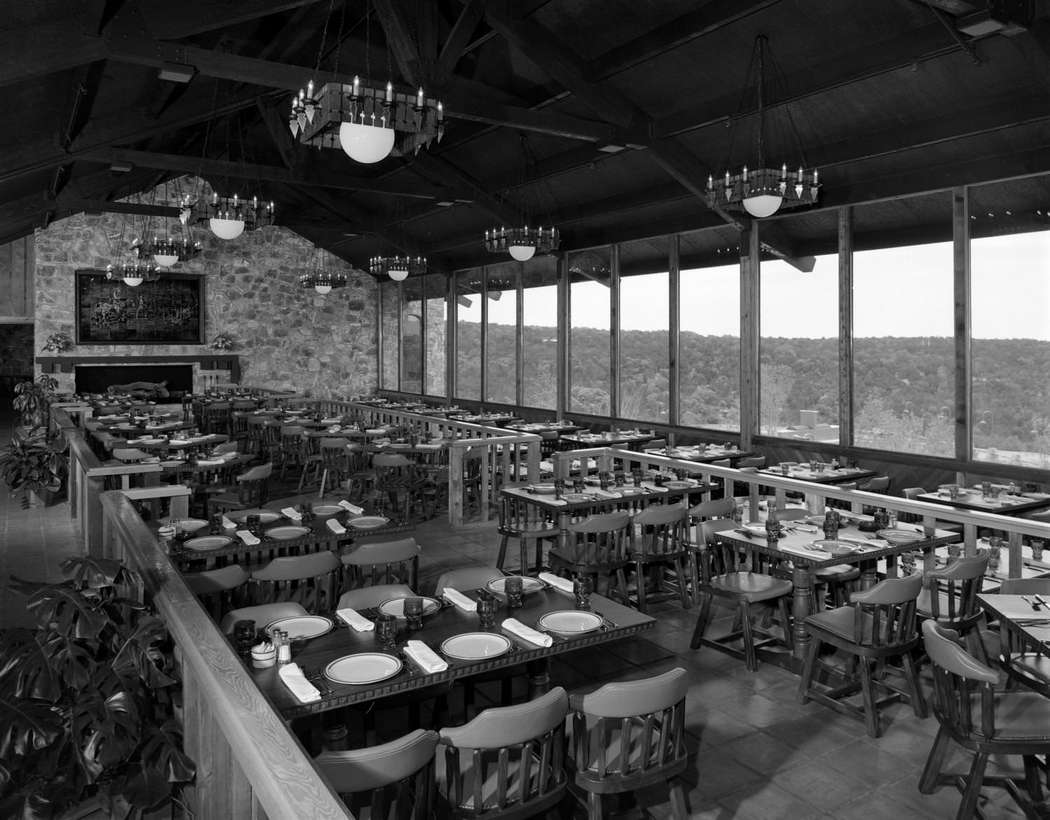 A large dining room at a restaurant or club in the Texas Hill Country, 1973