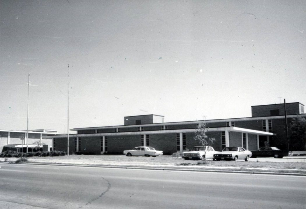 Sidney Lanier High School on 1201 Payton Gin Road from Payton Gin Road, 1970s