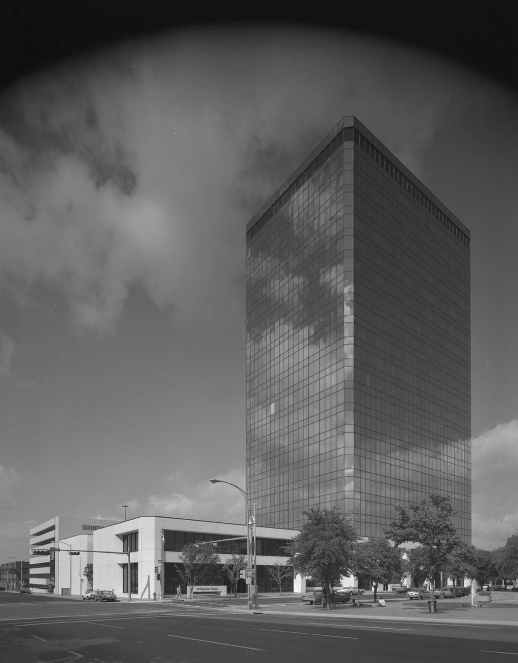 American Bank Exterior, 1978. The building stands on the corner of West 6th Street and Colorado Street.