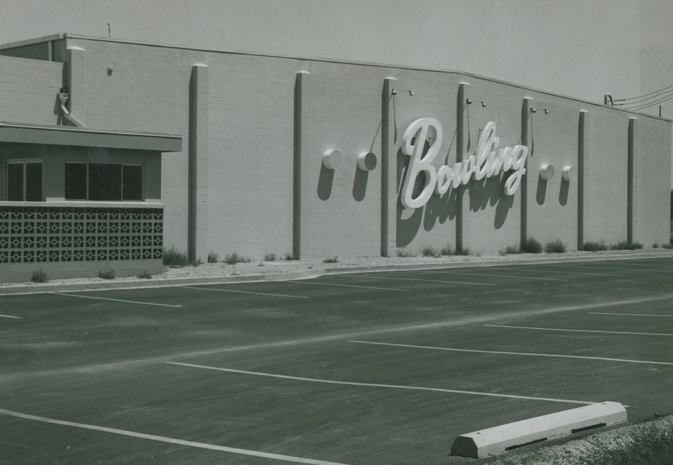 Parking lot outside a new 10-lane bowling alley on the Bergstrom Air Force Base, 1970