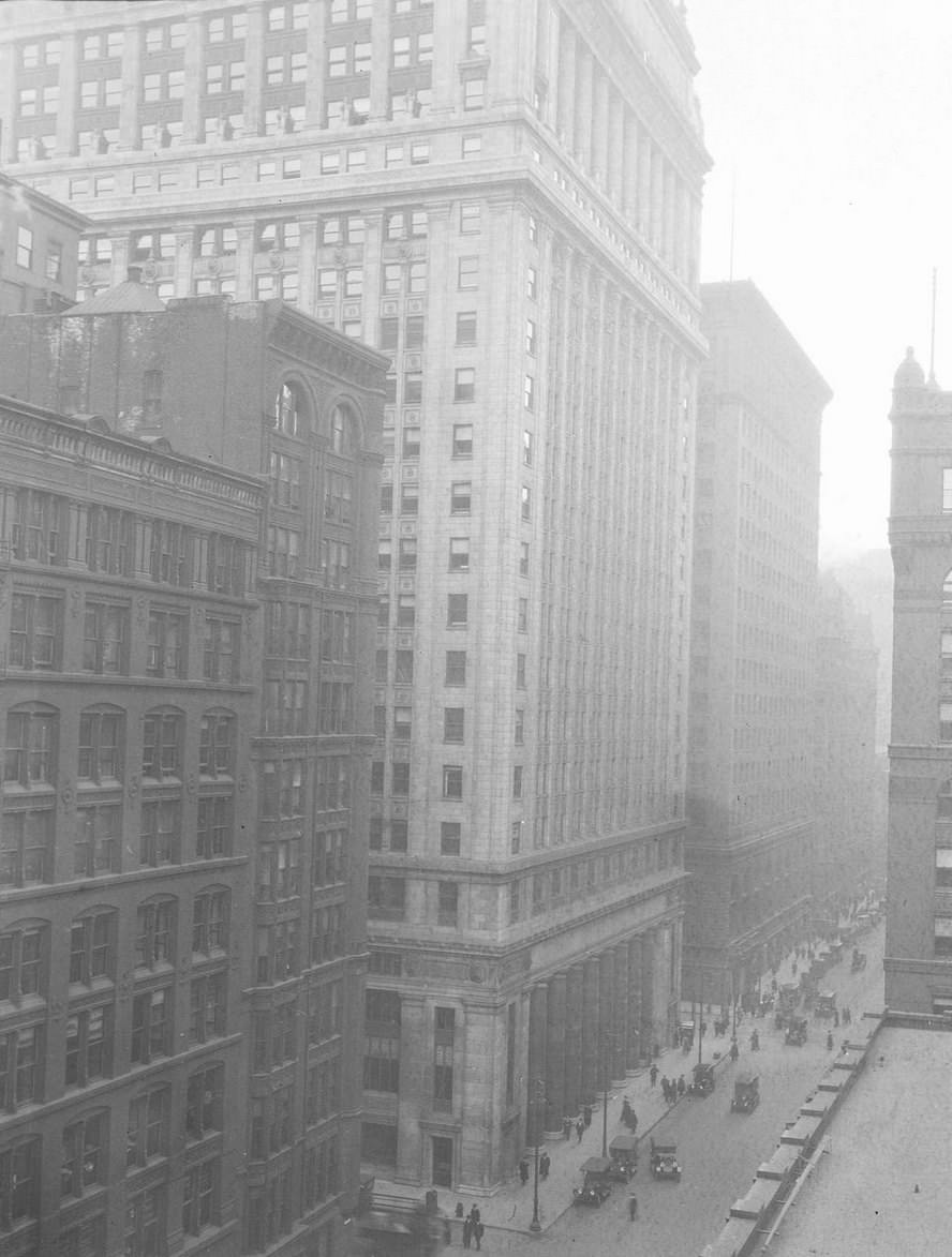 The west side of LaSalle Street, north from Jackson Boulevard, Chicago, Illinois, March 1915.