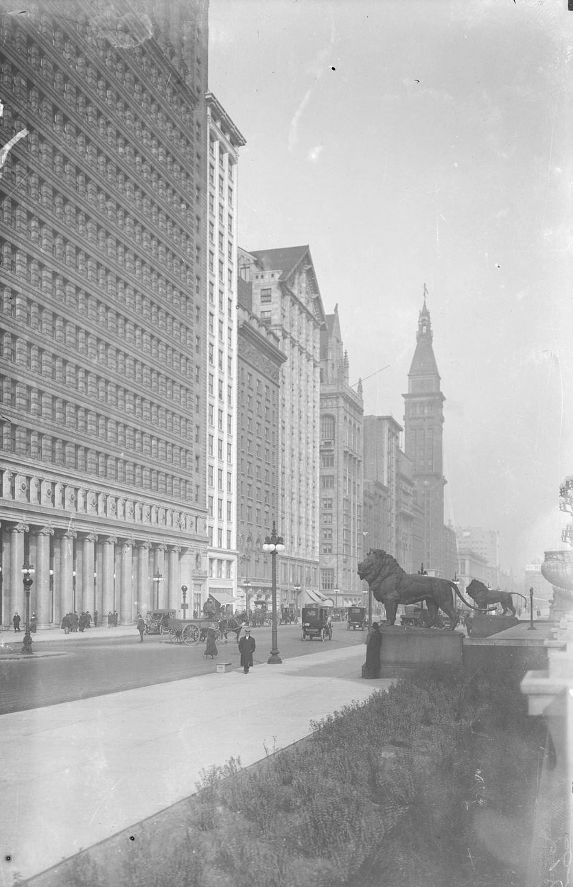 South Michigan Avenue looking north from East Adams Street, from the east side of the street, Chicago, Illinois, 1910s.