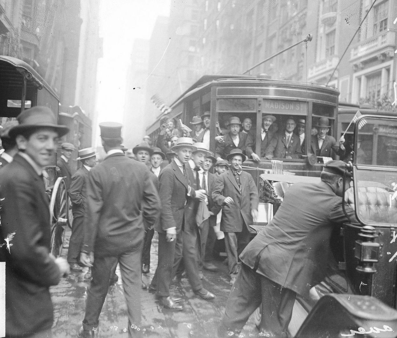First street car to run after strike in the Loop community area, Chicago, Illinois, 1910s.