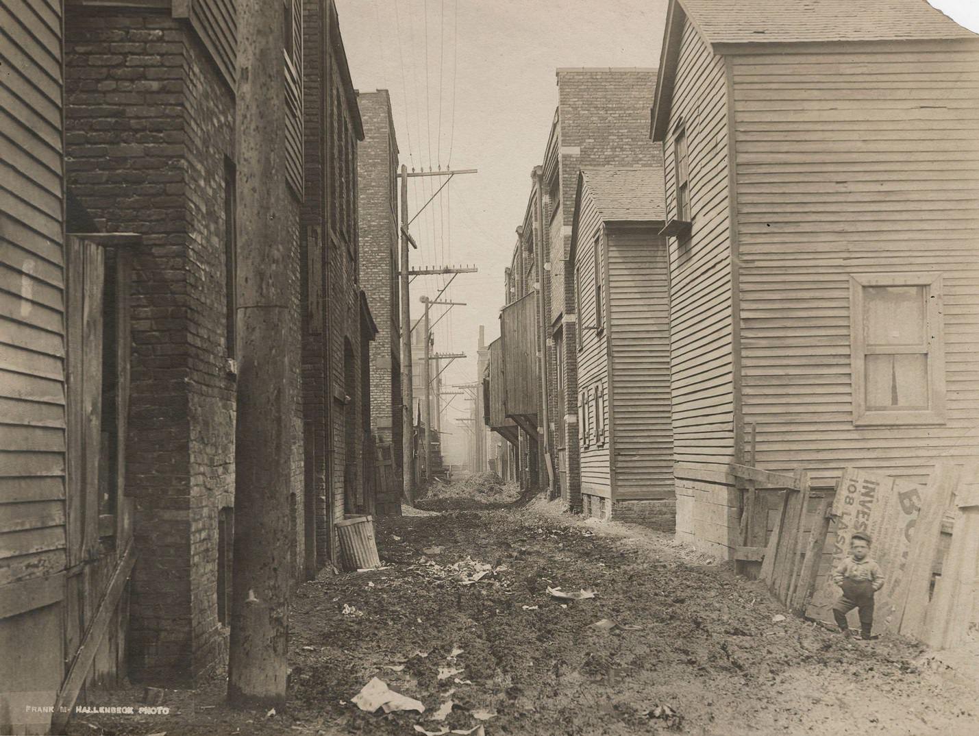 Alley north of Taylor Street, west from Jefferson Street, Chicago, Illinois, April 28, 1910s