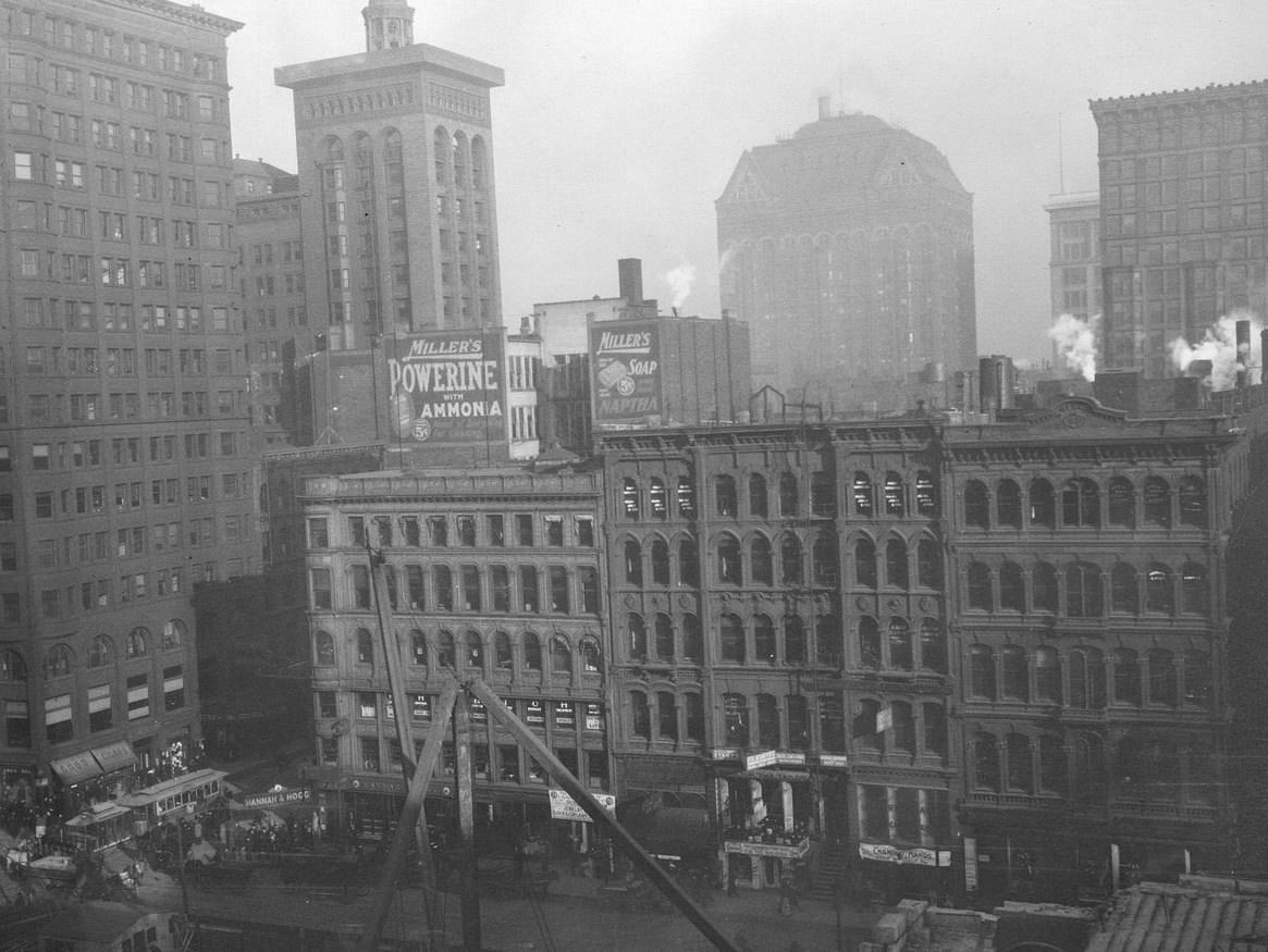 View of the southeast corner of Clark Street and Randolph Street, Chicago, Illinois, 1910s.