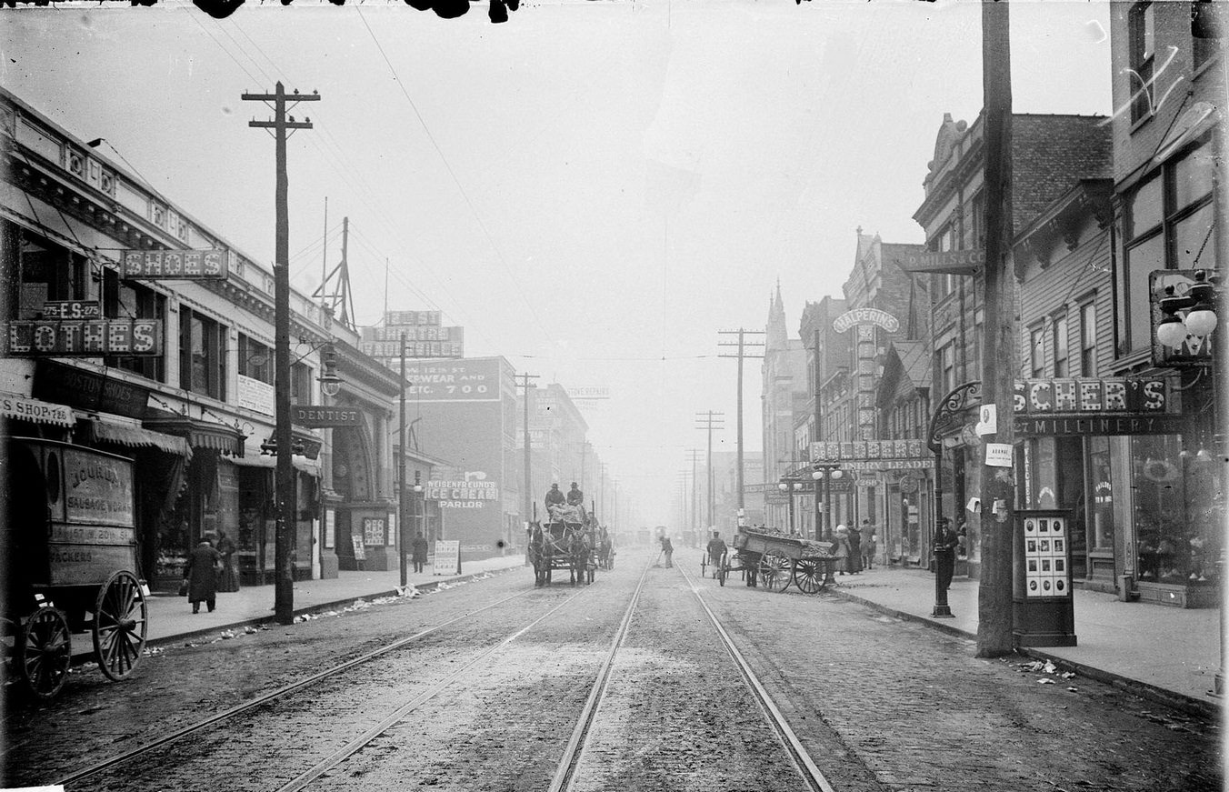 West Twelfth Street (West Roosevelt Road), looking west from South Halsted Street in the Near West Side community area, Chicago, Illinois, 1910s.