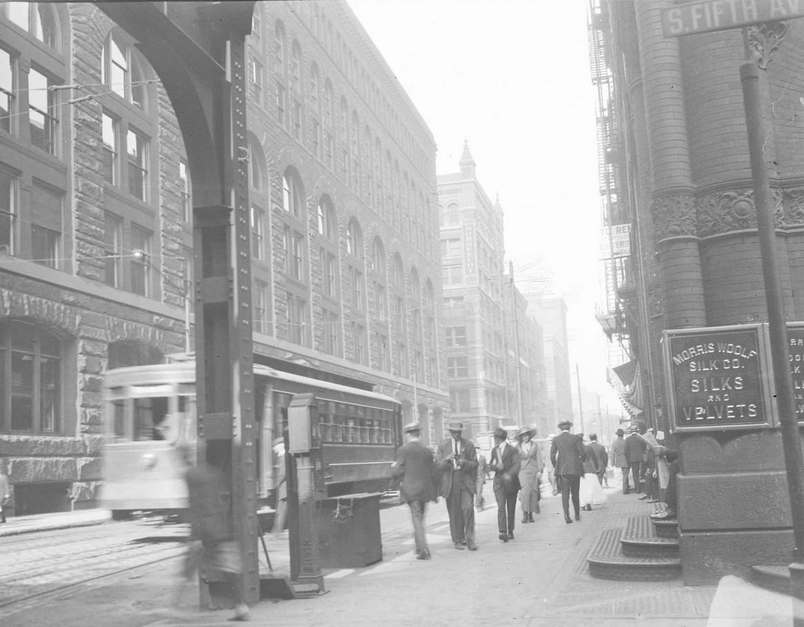 Adams Street from Fifth Avenue (Well Streets), Chicago, Illinois, 1914.