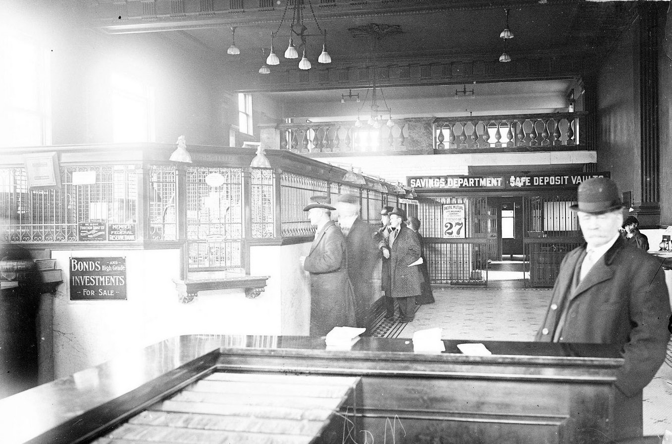 Interior view of Washington Park National Bank at 730 East 63rd Street in the Woodlawn community area of Chicago, Illinois, 1910s.