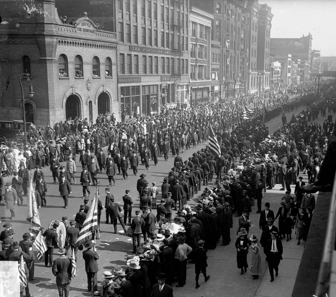 Civil War veterans marching in a Grand Army of the Republic Memorial Day parade along the 1400 block of South Michigan Avenue in the Near South Side community area, Chicago, Illinois, May 27, 1912.