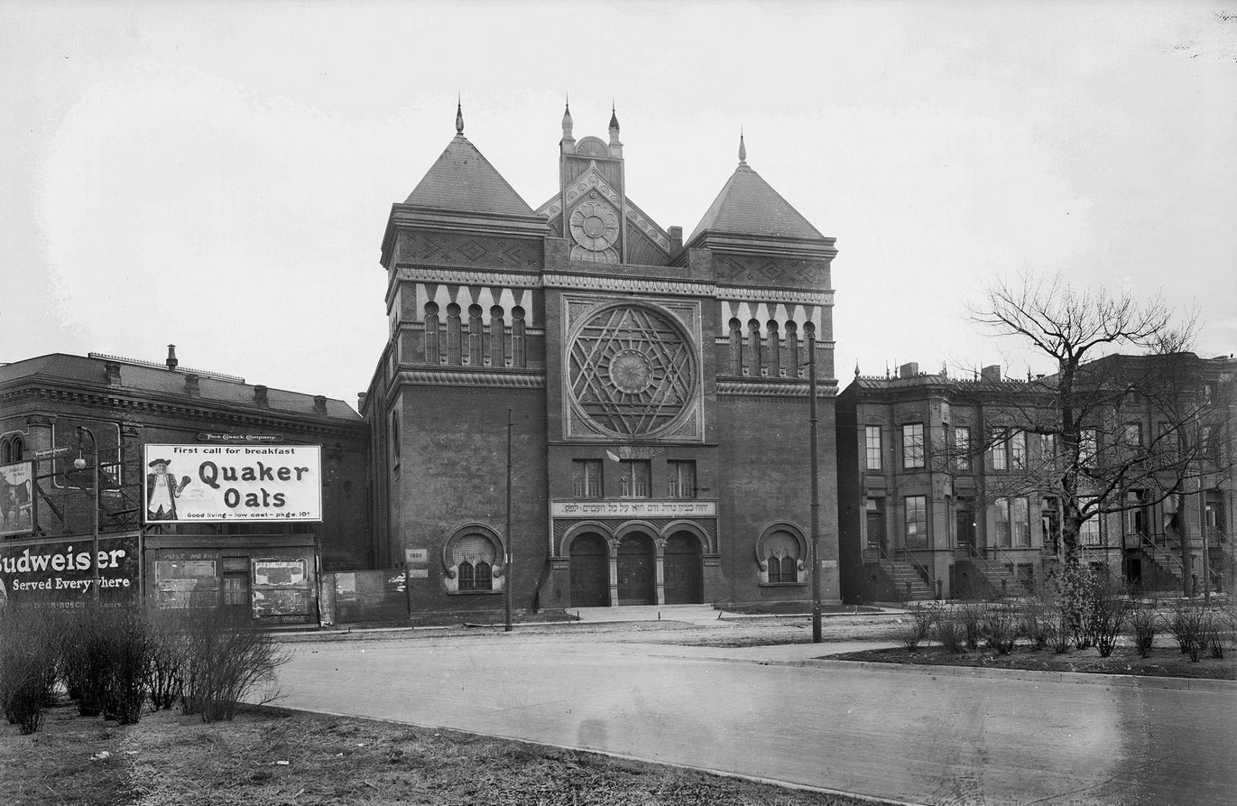 Exterior view of Zion Temple located at North Ogden Avenue and West Washington Street in the Near West Side community, Chicago, Illinois, 1911.
