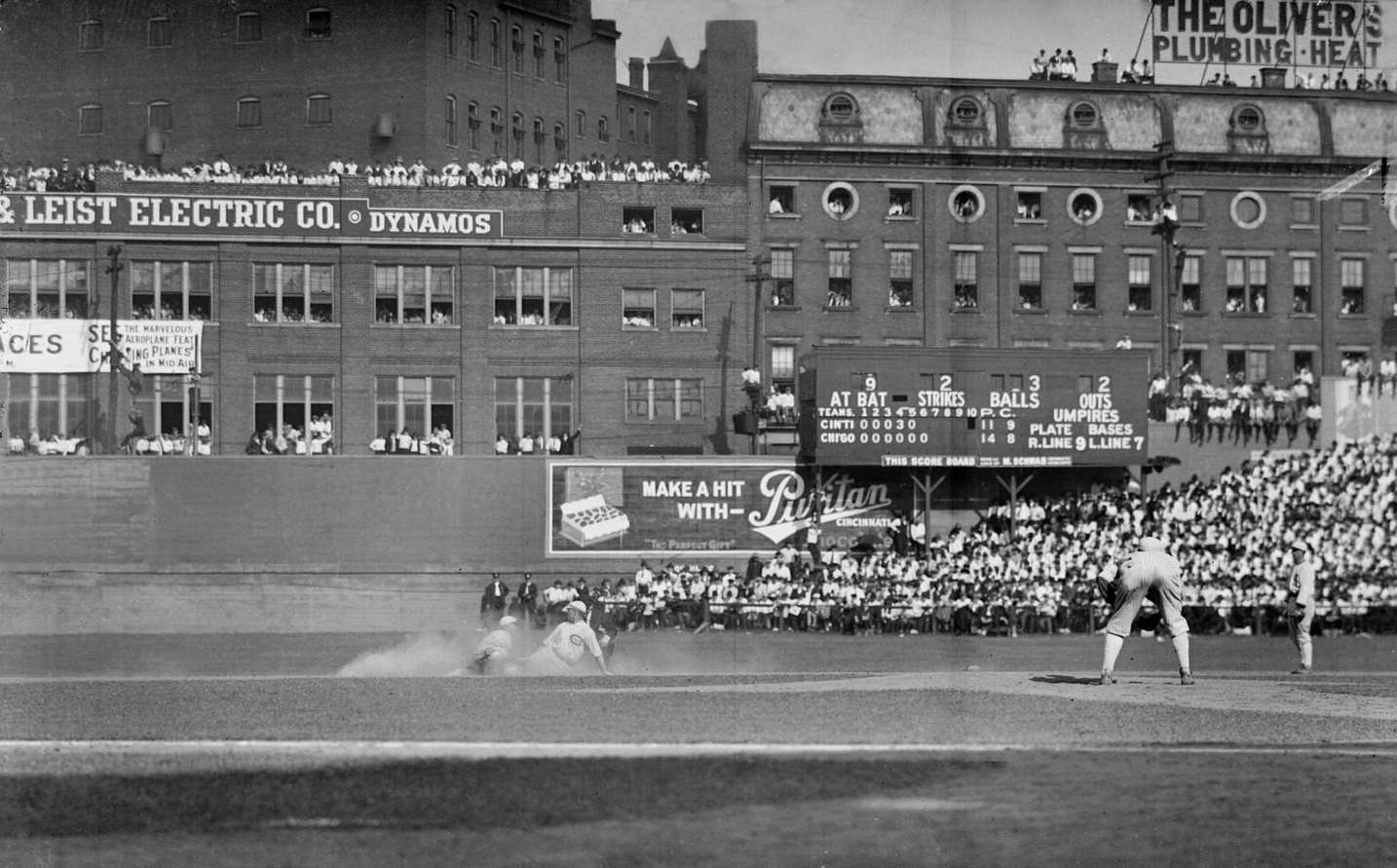 Cincinnati Red Al Neale is out at second base after an attempted sliding steal, during game 2 of the 1919 World Series between the Reds and the American League's Chicago White Sox.