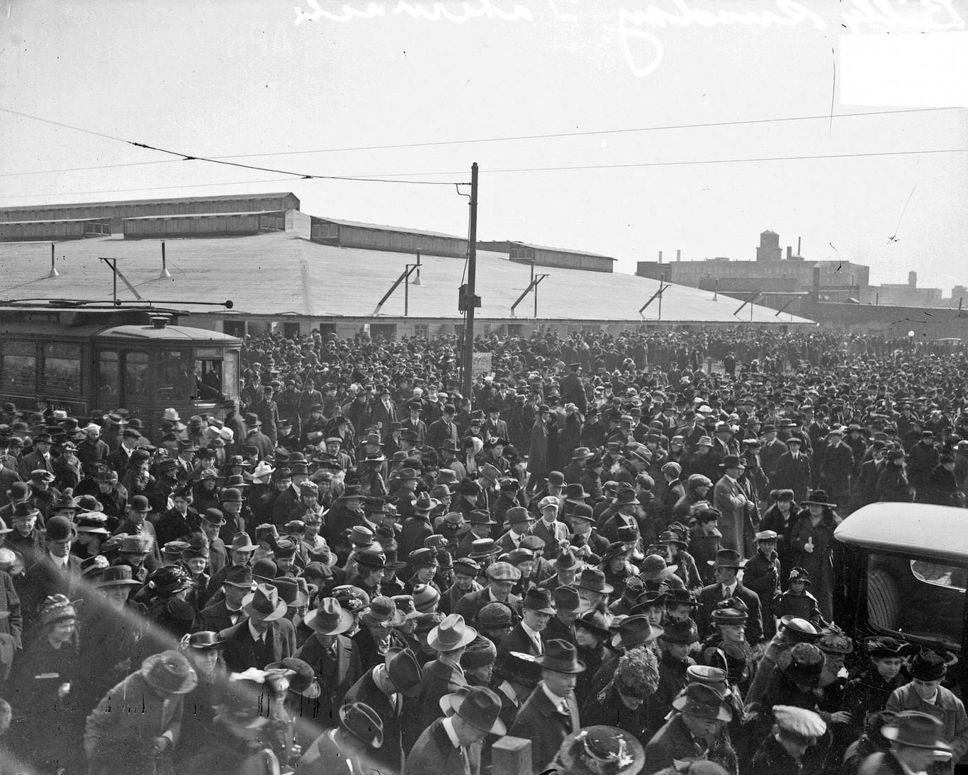 Crowd gathered outside evangelist Billy Sunday's tent, called a tabernacle, set up just north of Navy Pier, Chicago, Illinois, March 15, 1918.