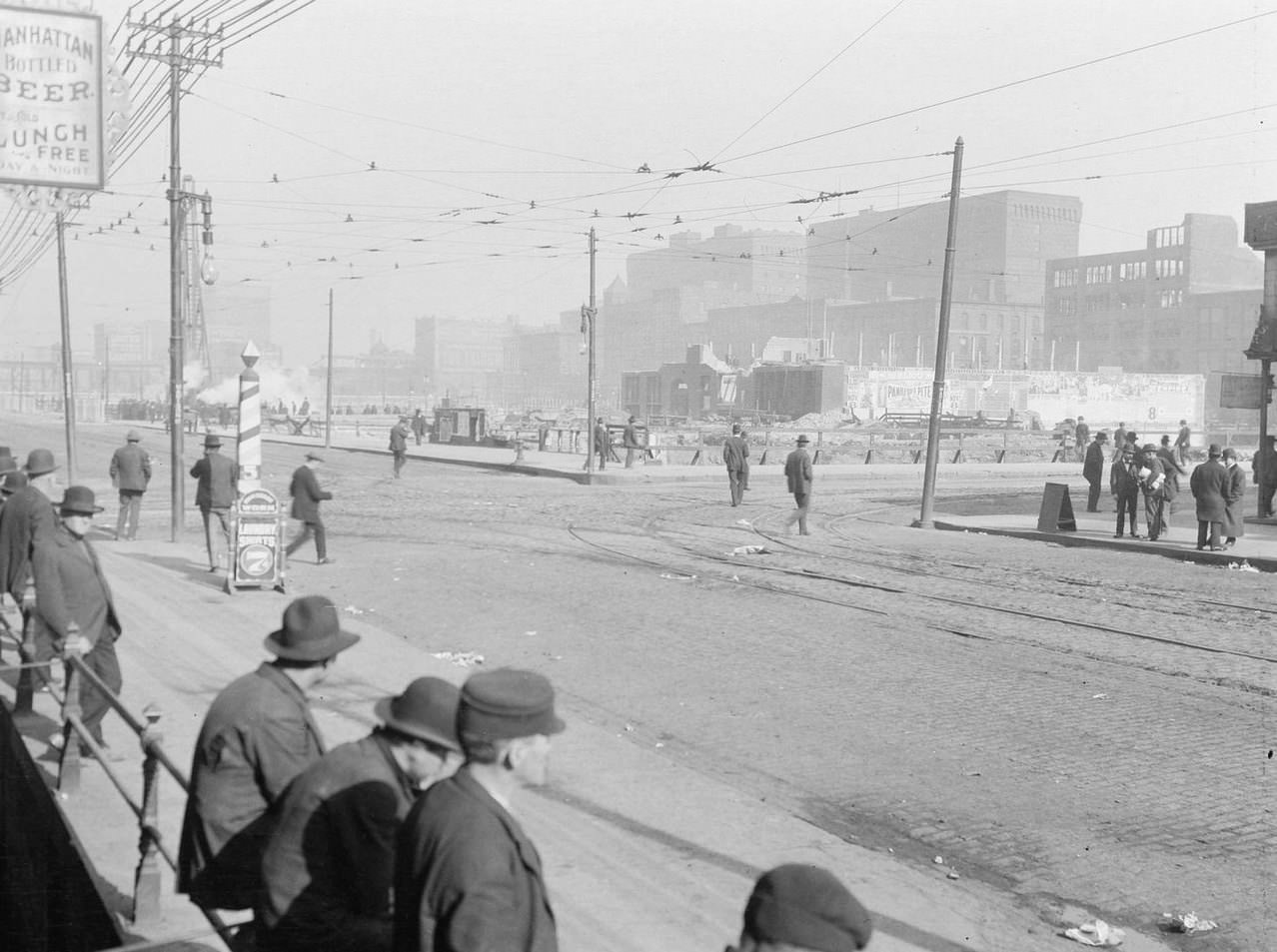 View of the intersection of Madison Street and Clinton Street, Chicago, Illinois, 1917.