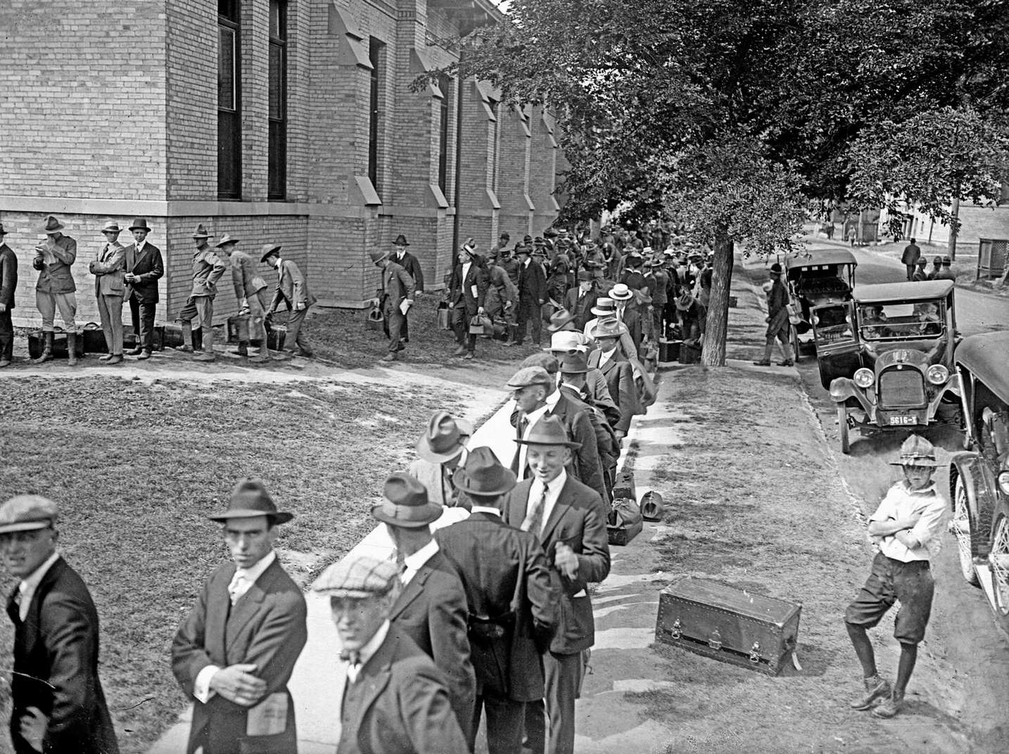 A view of men arriving for officers' training at Fort Sheridan, just north of Chicago, 1917.