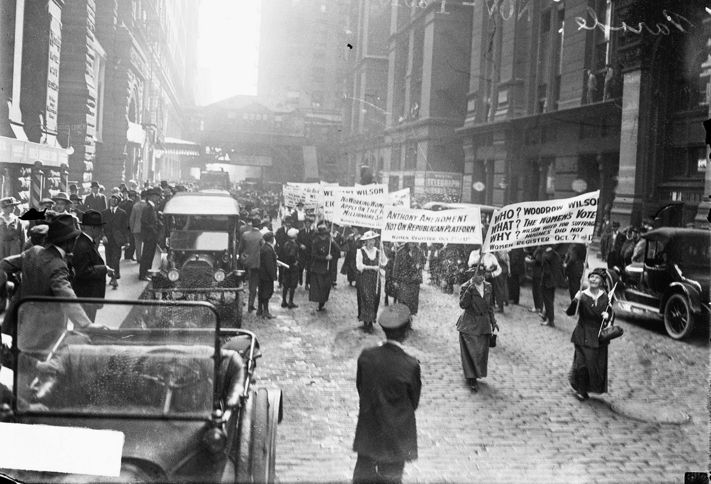 Mrs George Taylor and Mrs Catherine Waugh McCulloch leading the Democratic women's parade on LaSalle Street in the Loop community area, Chicago, Illinois, October 5, 1916.