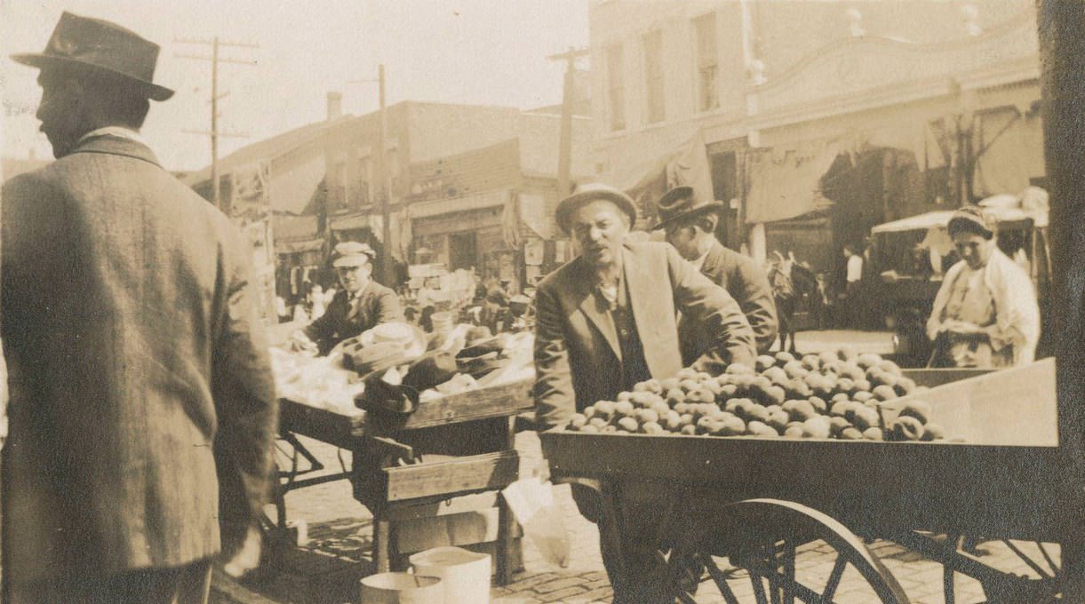 Maxwell Street market on Sunday morning, Chicago, Illinois, August 1915.