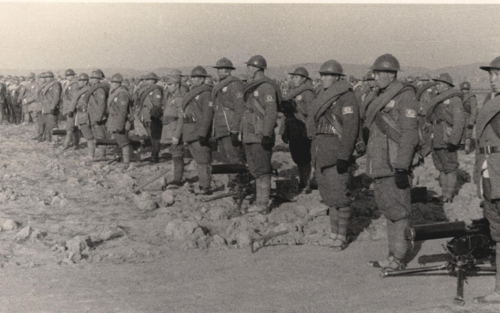 Soldiers of the 173rd Division drawn up for the high military Inspectors from the Central Military Council in preparation for the Chinese winter offensive, 1939-40.