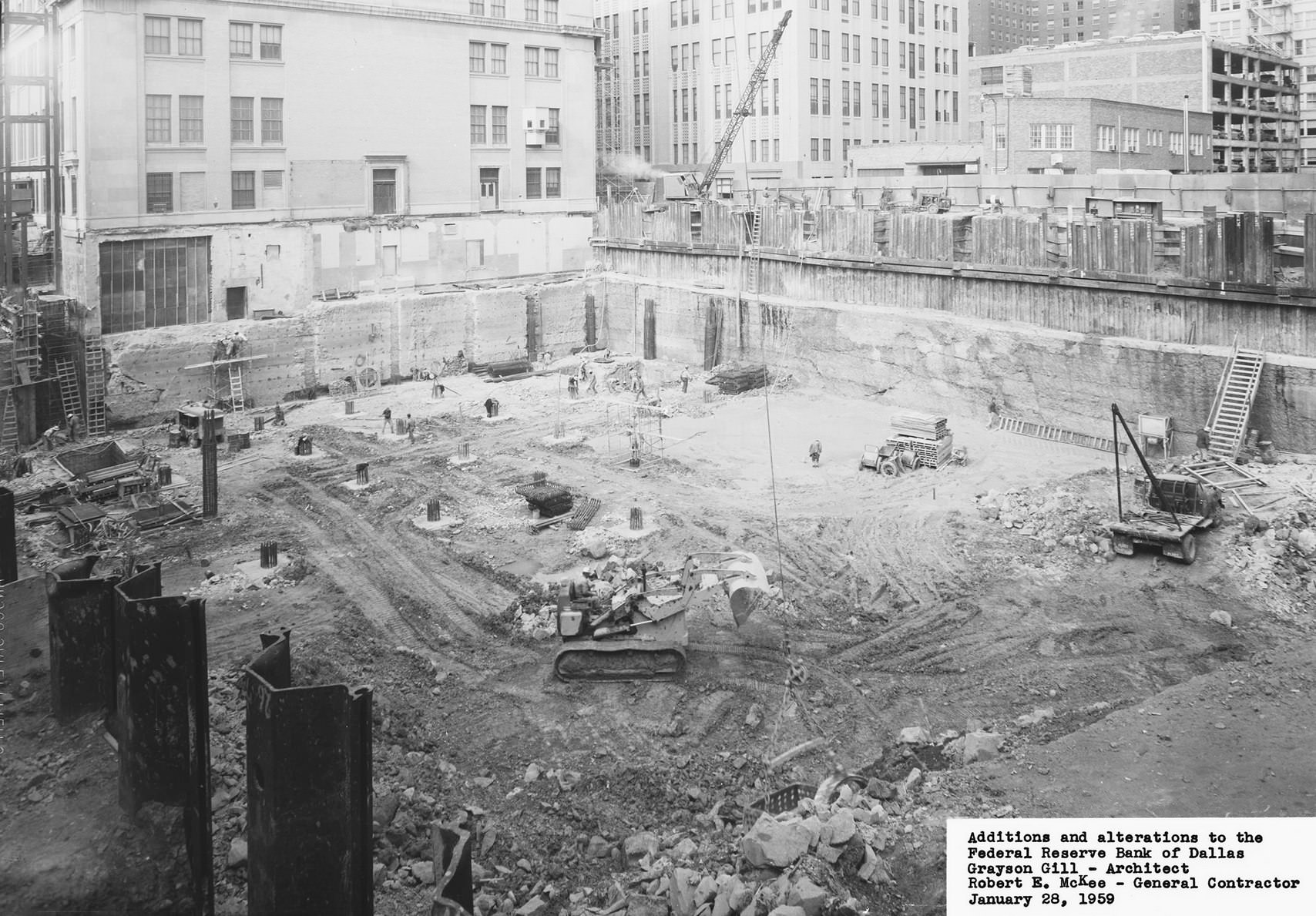 Federal Reserve Bank of Dallas, addition construction, downtown Dallas, Texas, 1959