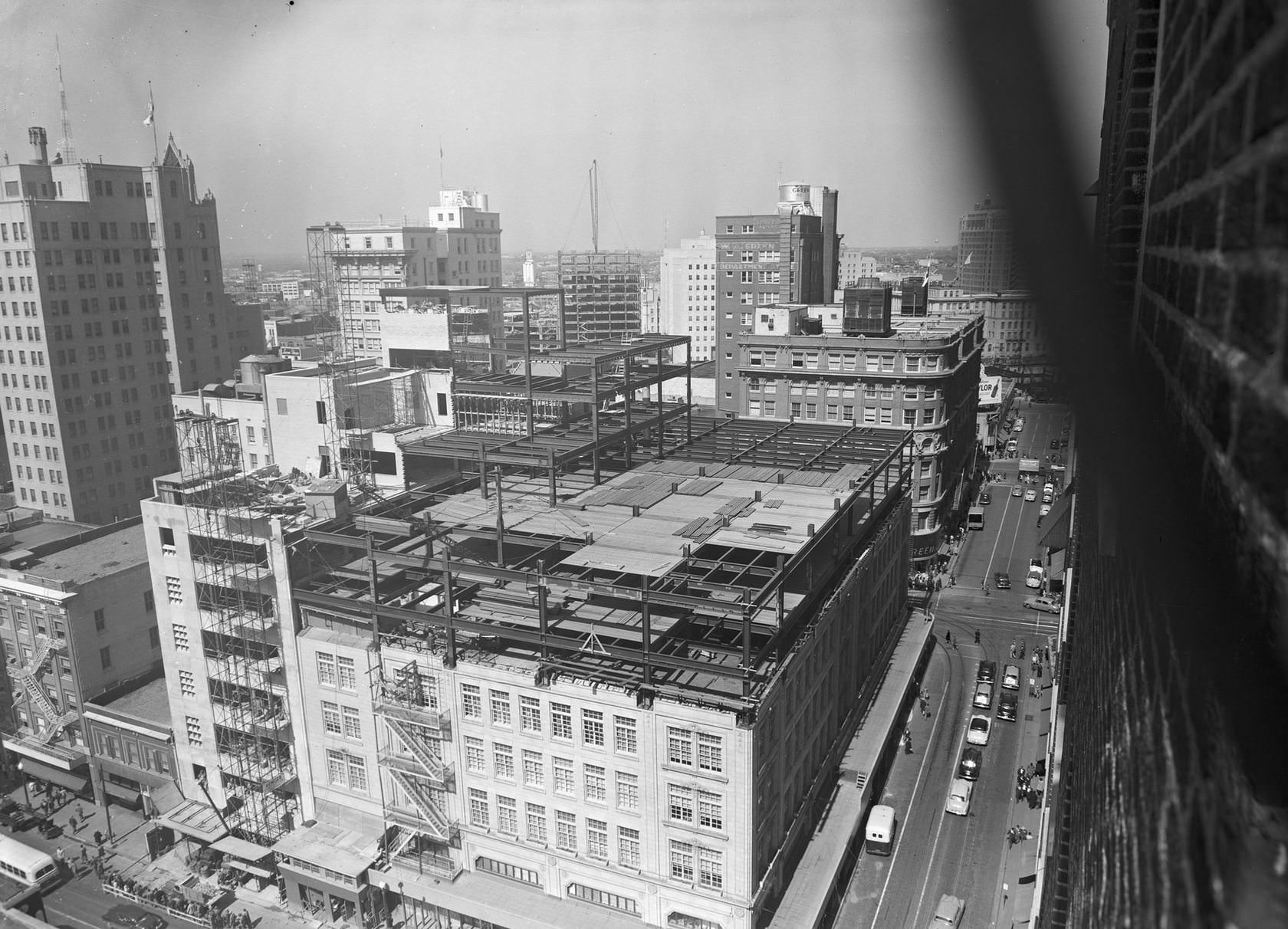 Multiple office buildings under construction, downtown Dallas, Texas, 1952